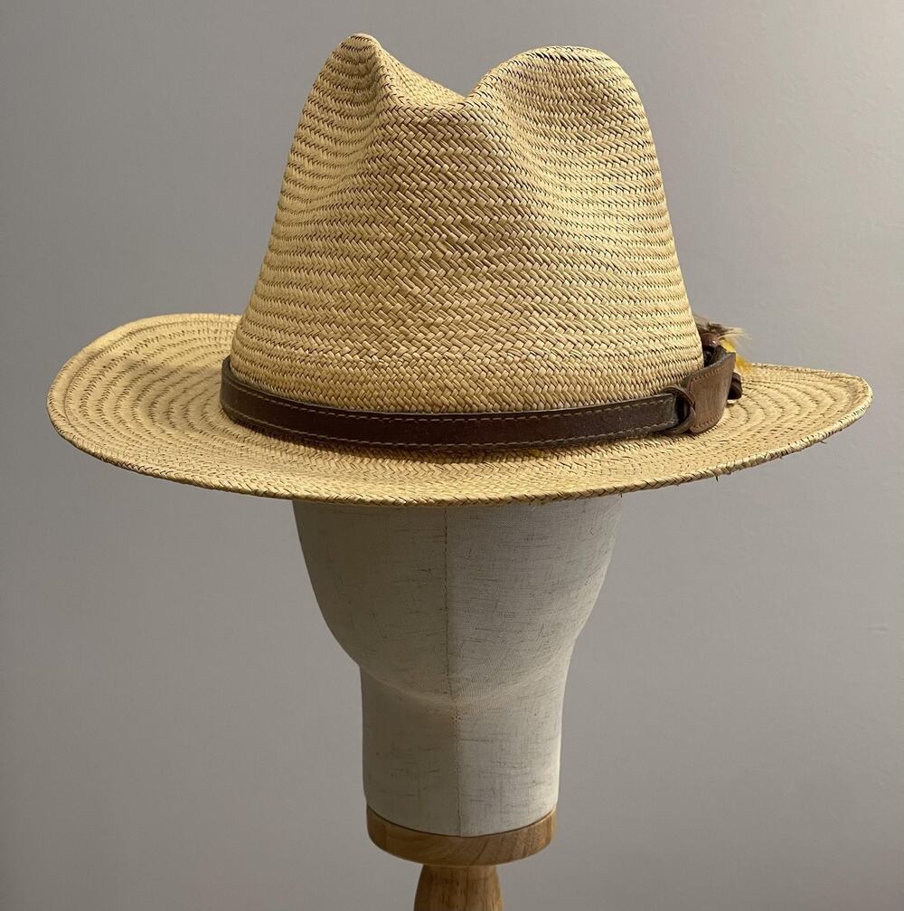 Top-Flite Hat Cap Fedora Men One Size Beige Straw Leather Band Feather Trim